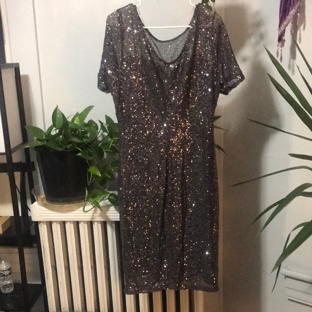 Brown Sequin Embellished Sheath Midi Dress